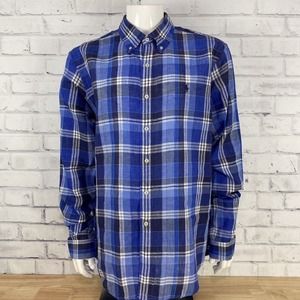 Ralph Lauren Shirt Men’s XL Long Sleeve Button Down 100% Linen Pony‎ Blue Plaid
